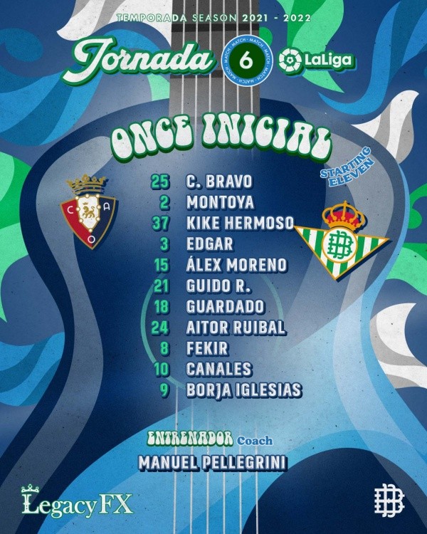 Formación del Real Betis con Claudio Bravo contra Osasuna.