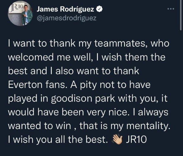 El mensaje que publicó James Rodríguez para los hinchas de Everton, antes de partir a Qatar.