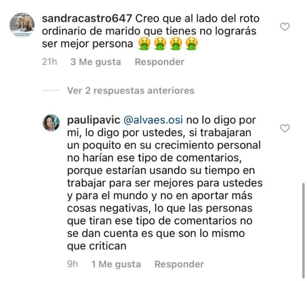 La respuesta de la esposa del Chino Ríos, Paula Pavic, ante el ataque que recibió en Instagram.