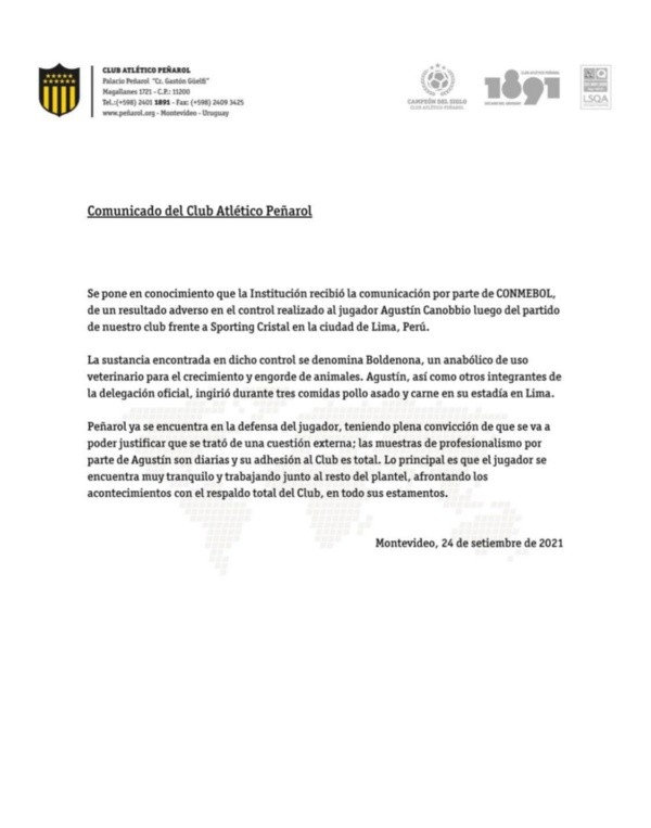 El comunicado enviado por Peñarol danto los antecedentes del resultado adverso de Agustín Canobbio