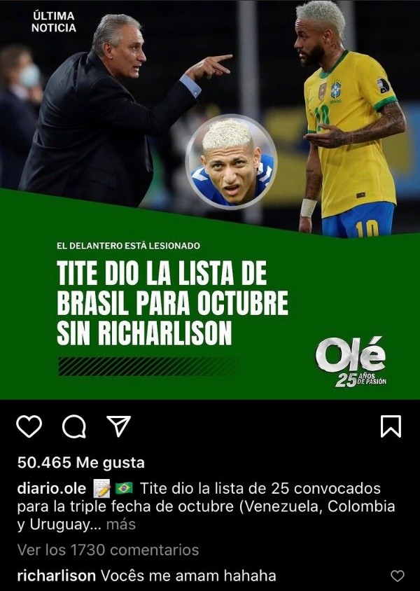 El mensaje que deja Richarlison en la cuenta del diario deportivo Olé