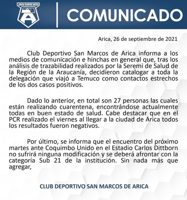 El comunicado compartido por las redes sociales de San Marcos de Arica por los contagios de su plantel, donde el martes recibirán a Coquimbo Unido con los juveniles.