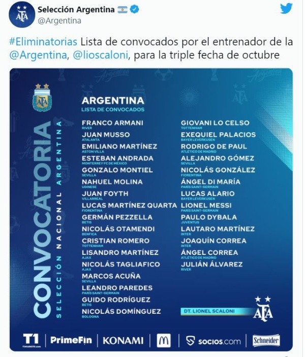 Nómina de la selección argentina para la triple fecha de las Eliminatorias Sudamericanas a Qatar 2022 (Twitter)