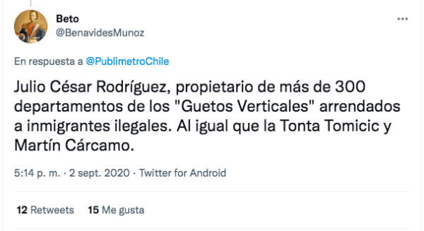 Una de las publicaciones con la acusación conspiranoica que le atribuyen a Julio César Rodríguez, que se viraliza cada vez que se habla de la crisis migratoria en Chile.