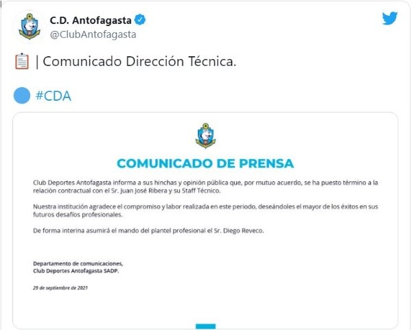 El comunicado de Antofagasta este miércoles (Twitter)