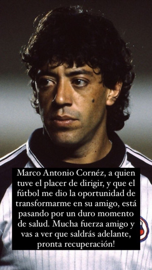 El mensaje que le dedica el técnico Gerardo Pelusso a Marco Cornez en sus redes sociales.