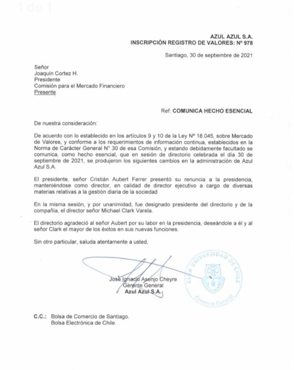 Este es el documento que presenta Azul Azul ante la Comisión del Mercado Financiero.