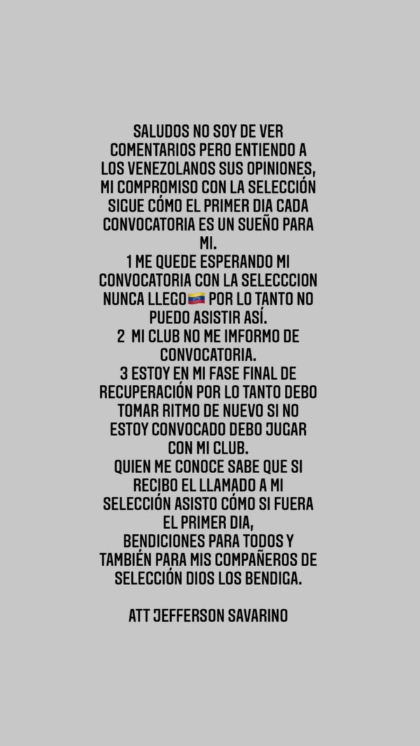 El comunicado de Jefferson Savarino en redes sociales.