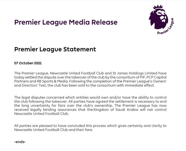 La Premier League dio a conocer la venta oficial del Newcastle.