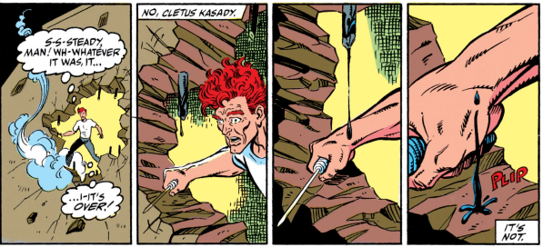 Viñetas de The Amazing Spider-Man #359, el momento en que una parte de Venom se cuela en el torrente sanguíneo de Cletus Kasady para provocar el nacimiento de Carnage.