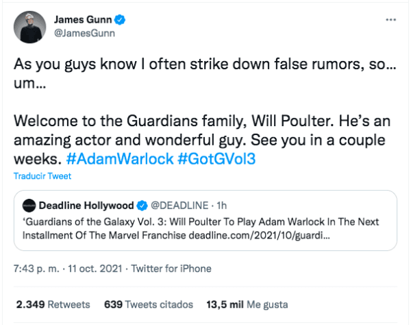 El tuit de James Gunn confirmando a Will Poulter como Adam Warlock para    Guardianes de la Galaxia Vol. 3.