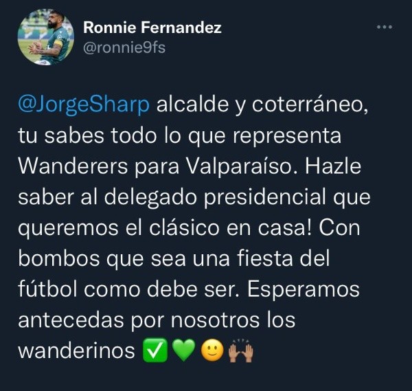 El mensaje que escribe el delantero de Santiago Wanderers al alcalde de Valparaíso