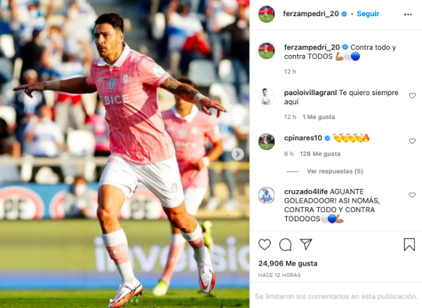 El mensaje de Fernando Zampedri tras ser expulsado y perderse el clásico ante Colo Colo.