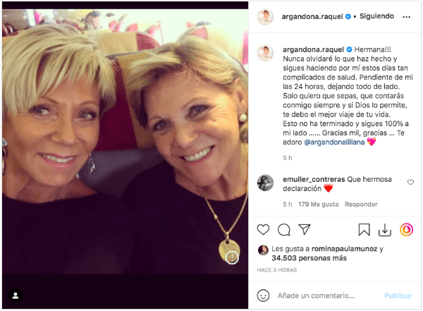 RaquelArgandoña dedica sentido mensaje a su hermana por apoyo durante crisis de salud.