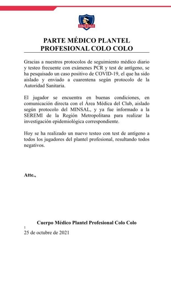 El comunicado de Colo Colo que confirma un caso de Covid.