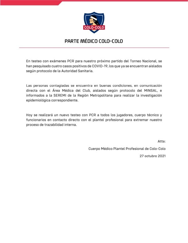 El comunicado de Colo Colo por los casos Covid.