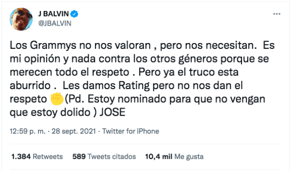 ¿Qué polémicas ha protagonizado J Balvin en 2021?: Los tuits con el llamado al boicot en contra de los Latin Grammy.(1)