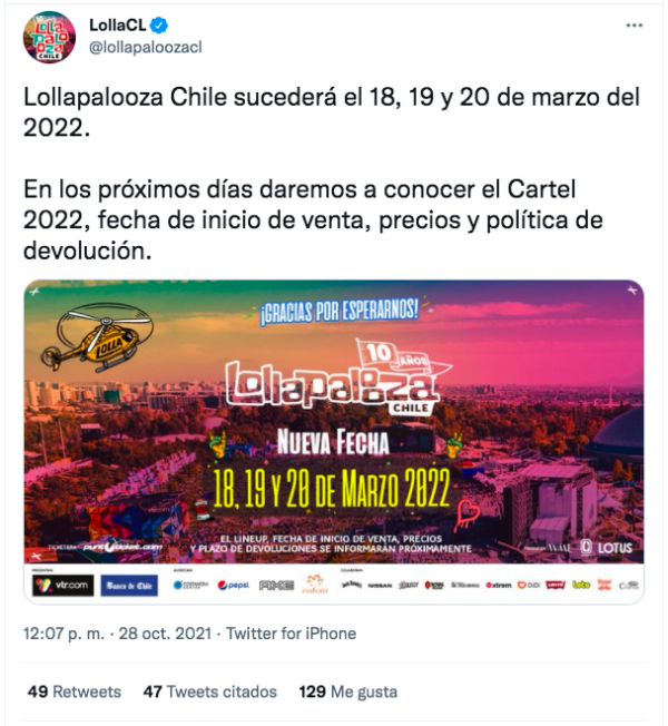 La publicación de Lotus confirmandoLollapalooza Chile 2022.(1)