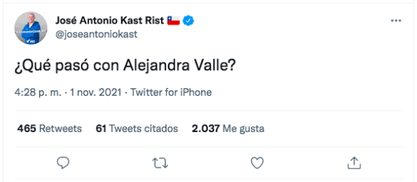 El tuit de Kast Sobre Alejandra Valle.
