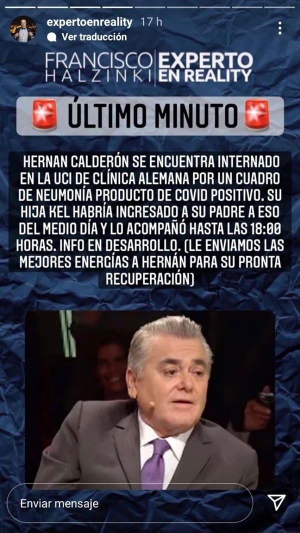 La alerta sobre Hernán Calderón que lanzó @expertoenreality.