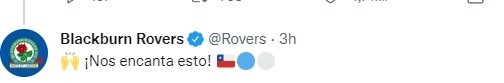 La cuenta oficial del Blackburn Rover también le escribe a Renzo en sus redes sociales