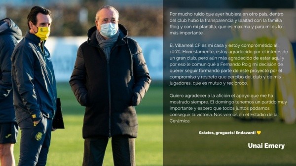 El mensaje divulgado por Unai Emery en su Twitter.