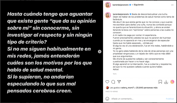 Karen Bejarano se defiende ante críticas por referirse a su salud mental.(1)