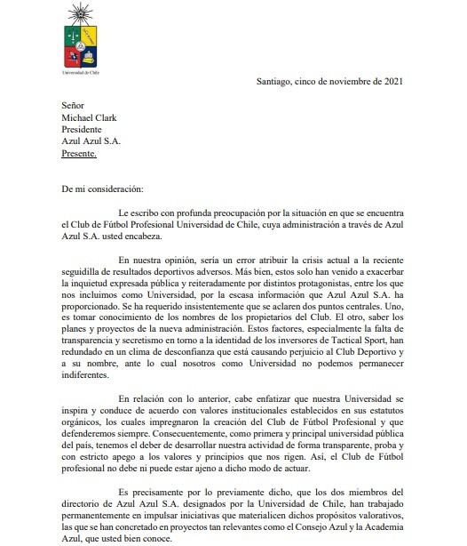 La carta del rector de la casa de estudios de la Universidad de Chile a Azul Azul.