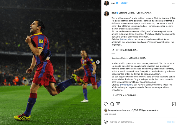 El mensaje de Xavi tras su llegada al Barcelona. Foto: Instagram