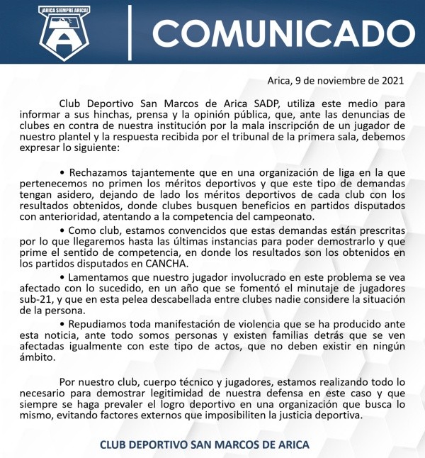 San Marcos de Arica entrega comunicado sobre el descenso de Primera B a Segunda División