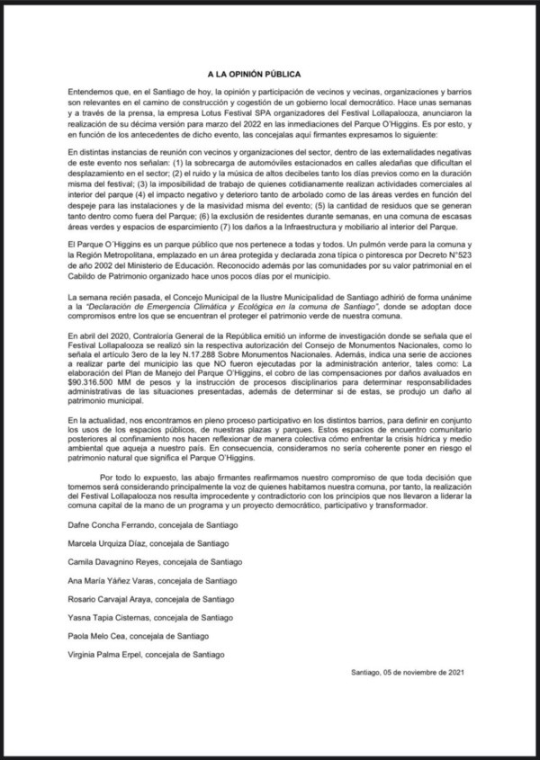 Comunicado concejalas Santiago