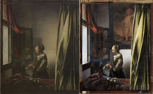 Niña leyendo una carta en una ventana abierta previa y posterior reestauración