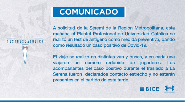 Comunicado oficial de la UC: otro positivo por coronavirus en la Cuarta Región.