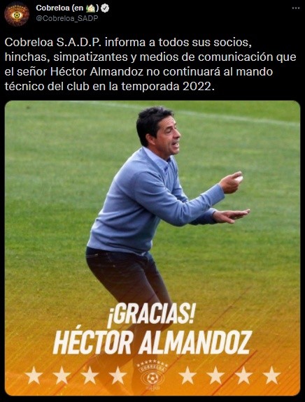Cobreloa anuncia la salida de Almandoz.