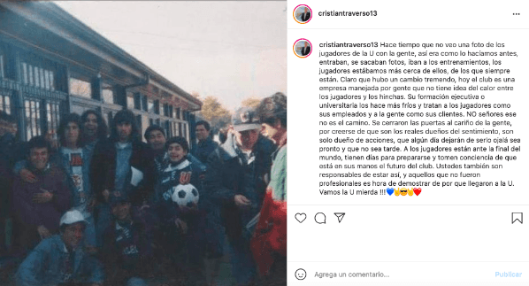 Cristian Traverso utilizó su cuenta de Instagram para volver a pegarle con todo a Azul Azul y exigió más cercanía de los jugadores con los hinchas. (Foto: captura)