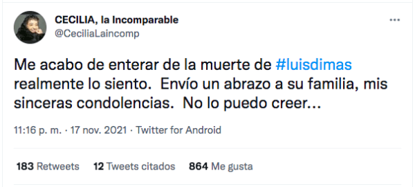 El tuit que Cecilia, la Incomparable le dedicó a Luis Dimas.