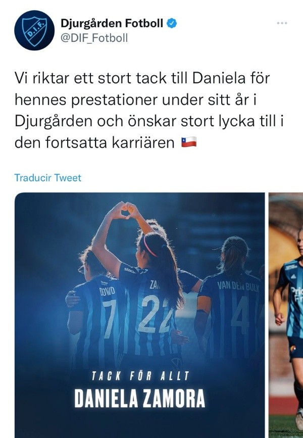 El Djurgårdens de Suecia se despide de Daniela Zamora