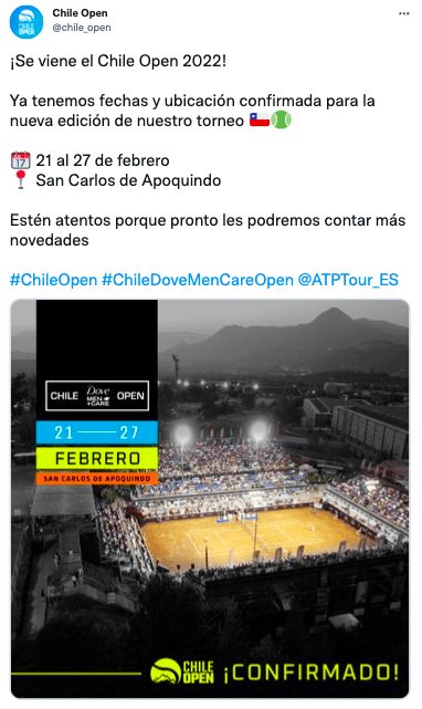 Chile Open informó a través de sus redes sociales que el ATP 250 de Santiago se llevará a cabo en San Carlos de Apoquindo entre el 21 y 27 de febrero de 2022 (Foto: captura)