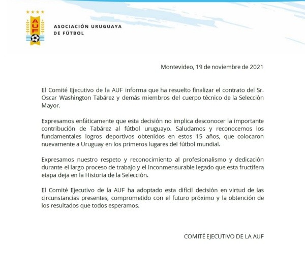 El comunicado con el que Uruguay anunció el despido de Óscar Washington Tabárez.