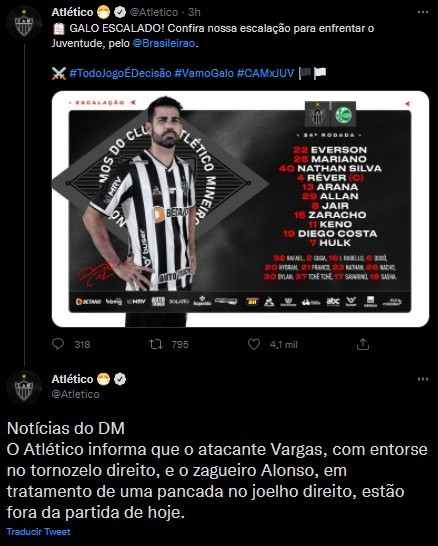 Eduardo Vargas se perdió el duelo de Atlético Mineiro por un esguince.