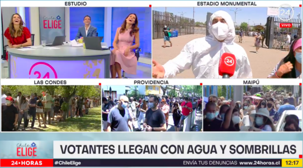 El hincha de Universidad de Chile causó sorpresa tras llegar a votar al estadio Monumental completamente tapado a pesar de los 30º de temperatura. (Foto: captura)