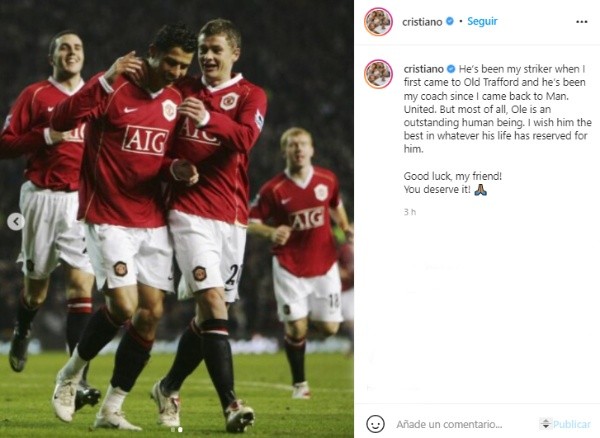 La dedicatoria de Cristiano Ronaldo a Ole Gunnar Solskjaer en Instagram.