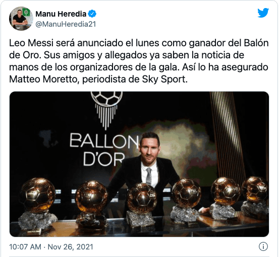 Desde Sky Sports informaron que Lionel Messi se llevará su séptimo Balón de Oro en la premiación que se llevará a cabo este lunes 29 de noviembre. (Foto: captura)