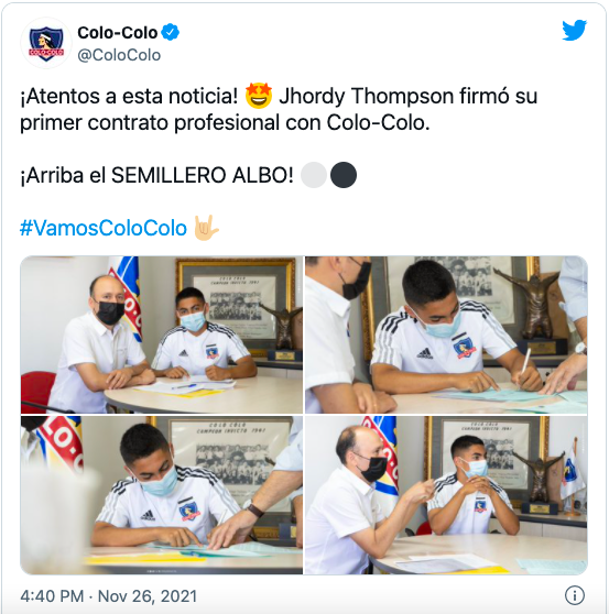 Colo Colo comunicó a través de sus redes sociales que Jordhy Thompson firmó su primer contrato como profesional con el Cacique. (Foto: captura)