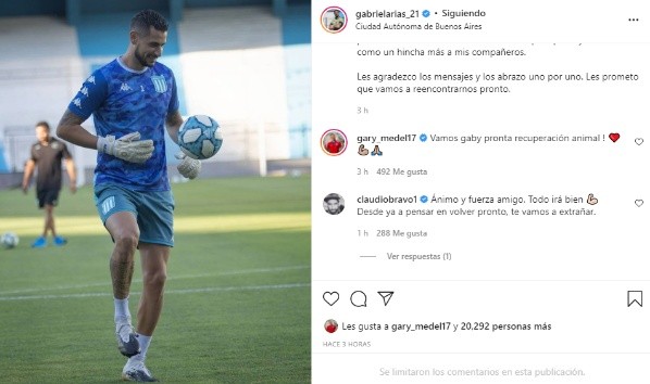 Los mensajes de Gary Medel y Claudio Bravo a Gabriel Arias.