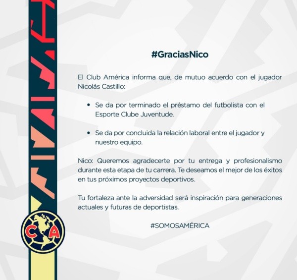 El comunicado del Club América sobre la salida de Nicolás Castillo.