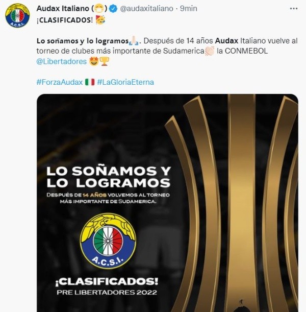 Audax Italiano clasificó a la Copa Libertadores tras 14 años (Twitter)