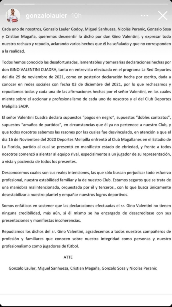 La carta compartida por los jugadores a través de sus redes sociales. (Foto: captura)