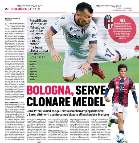 Bologna necesita un clon de Mede, según Corriere dello Sport