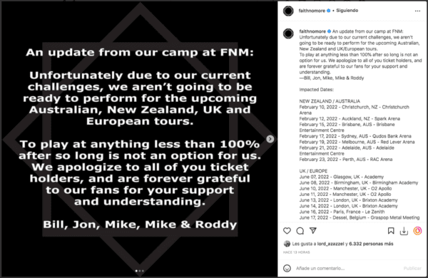 Faith no More nuevamente cancela múltiples shows.